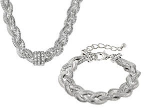 Crystal Silver Tone Braided Herringbone Bracelet & Necklace Set