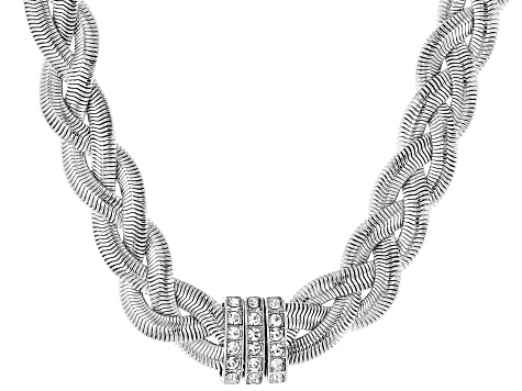 Crystal Silver Tone Braided Herringbone Bracelet & Necklace Set
