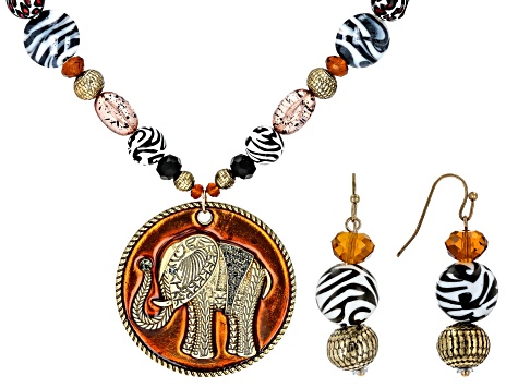 Crystal, Wood, & Acrylic Gold Tone Beaded Elephant Necklace & Earring Set