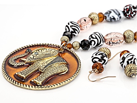 Crystal, Wood, & Acrylic Gold Tone Beaded Elephant Necklace & Earring Set