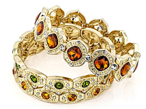 Multi-Color Crystal Gold Tone Set of 3 Nesting Stretch Bracelets