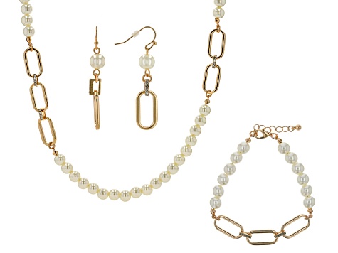 Pearl Simulant & White Crystal Gold Tone Necklace, Bracelet, & Earring Set