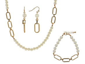 Pearl Simulant & White Crystal Gold Tone Necklace, Bracelet, & Earring Set