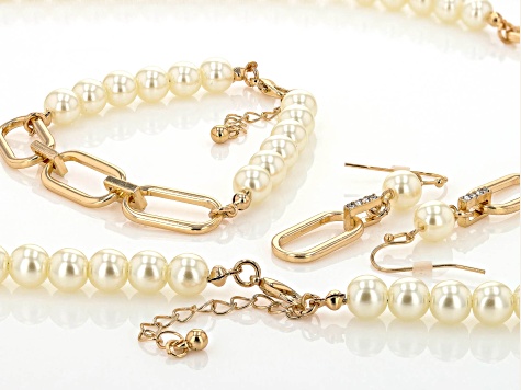 Pearl Simulant & White Crystal Gold Tone Necklace, Bracelet, & Earring ...