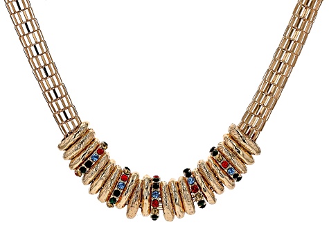 Multi-Color Crystal Gold Tone Barrel Charm Necklace