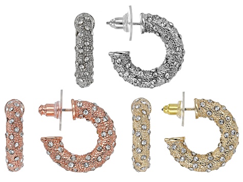 White Crystal Gold Tone, Silver Tone, & Rose Gold Tone Pave Hoop Earring Set of 3