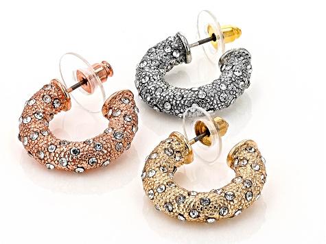 White Crystal Gold Tone, Silver Tone, & Rose Gold Tone Pave Hoop Earring Set of 3