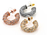 White Crystal Gold Tone, Silver Tone, & Rose Gold Tone Pave Hoop Earring Set of 3