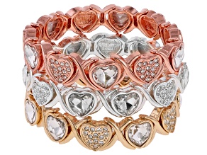 White Crystal Tri- Tone Heart Stretch Bracelet Set of 3