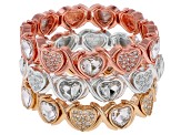 White Crystal Tri- Tone Heart Stretch Bracelet Set of 3