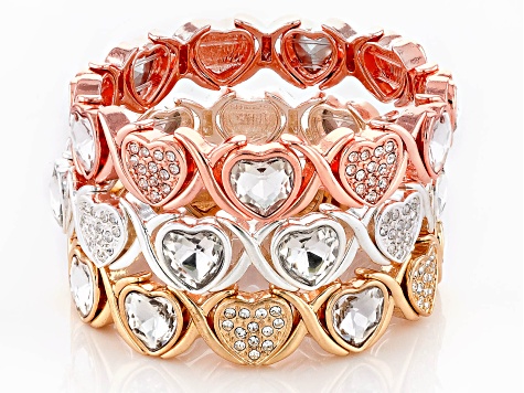 White Crystal Tri- Tone Heart Stretch Bracelet Set of 3