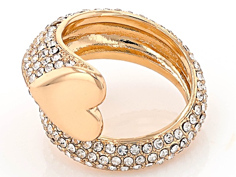 White Crystal Gold Tone Bypass Heart Ring