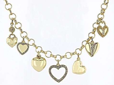 White Crystal Gold Tone Heart Charm Necklace