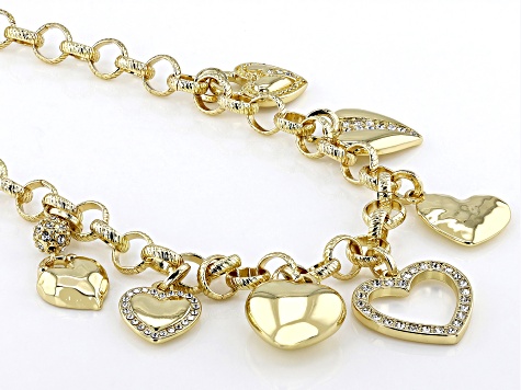 White Crystal Gold Tone Heart Charm Necklace