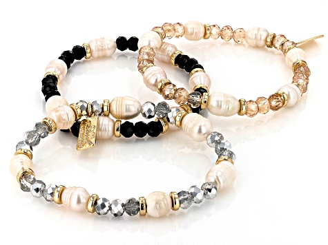 Multi-Color Bead & Pearl Simulant Gold Tone Set of 3 Stretch Bracelets