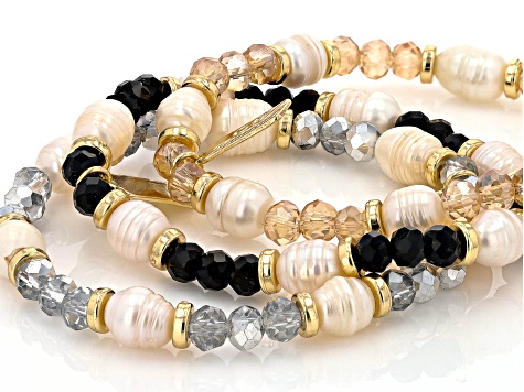 Multi-Color Bead & Pearl Simulant Gold Tone Set of 3 Stretch Bracelets
