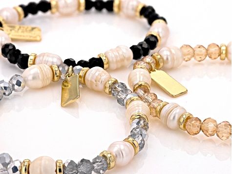 Multi-Color Bead & Pearl Simulant Gold Tone Set of 3 Stretch Bracelets