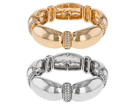White Crystal, Silver & Gold Tone Set of 2 Stretch Bracelets