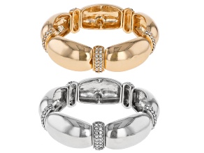 White Crystal, Silver & Gold Tone Set of 2 Stretch Bracelets