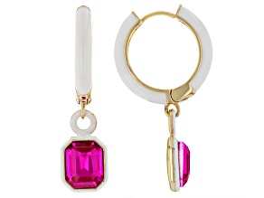 Fuchsia Color Glass & White Enamel Brass Charm Earrings