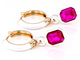 Fuchsia Color Glass & White Enamel Brass Charm Earrings