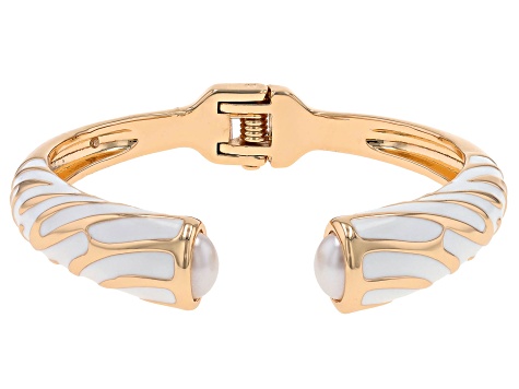 White Enamel & Pearl Simulant Gold Tone Cuff Bracelet