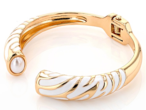 White Enamel & Pearl Simulant Gold Tone Cuff Bracelet