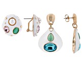 Pearl Simulant White Enamel & Multi-Color Crystal Glass Gold Tone Earring Set of 2