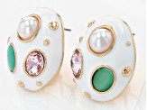 Pearl Simulant White Enamel & Multi-Color Crystal Glass Gold Tone Earring Set of 2