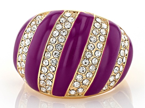 Purple Enamel & White Crystal Gold Tone Dome Ring