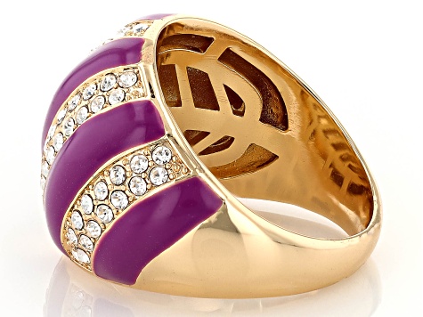 Purple Enamel & White Crystal Gold Tone Dome Ring