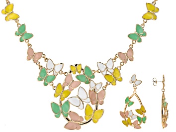 Picture of Multi-Color Enamel Gold Tone Butterfly Necklace & Earring Set