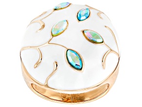 White Enamel & Glass Crystal Gold Tone Ring