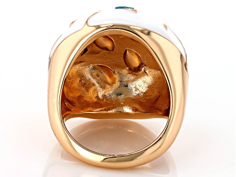 White Enamel & Glass Crystal Gold Tone Ring