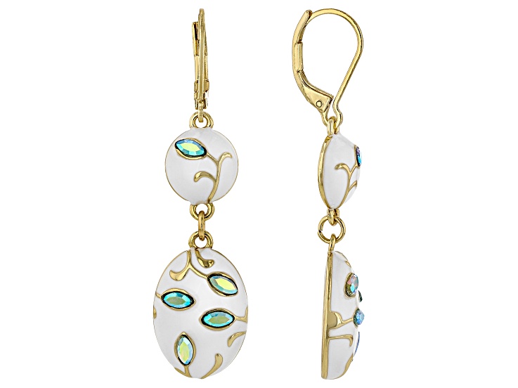 White Enamel & Glass Crystal Gold Tone Dangle Earring