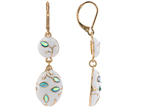 White Enamel & Glass Crystal Gold Tone Dangle Earring