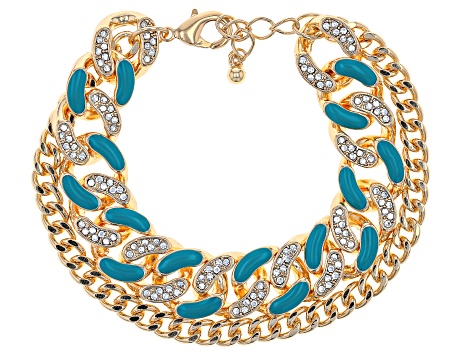 Blue Enamel & White Crystal Gold Tone Multi-Row Bracelet