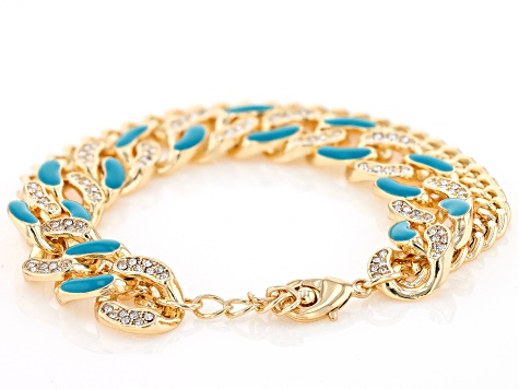 Blue Enamel & White Crystal Gold Tone Multi-Row Bracelet