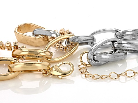 White Rhinestone Sliver & Gold Tone Chain Link Necklace & Bracelet Set