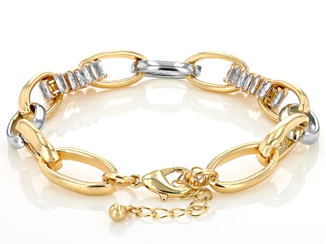 White Rhinestone Sliver & Gold Tone Chain Link Necklace & Bracelet Set
