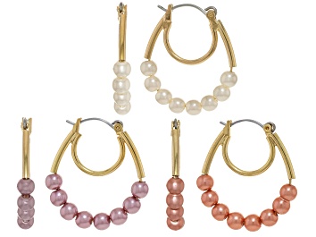Picture of Pink, Cream, & Purple Pearl Simulant Gold Tone Set of 3 Earrings