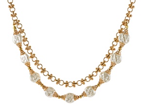 Cream Pearl Simulant Gold Tone Double Strand Station Necklace