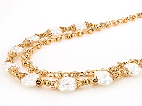 Cream Pearl Simulant Gold Tone Double Strand Station Necklace