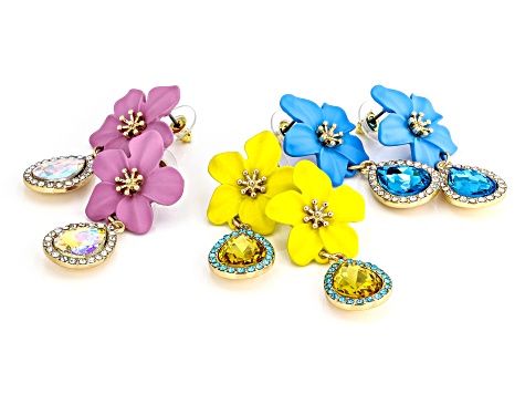 Multi-Color Epoxy & Crystal Gold Tone Flower Earring Set of 3