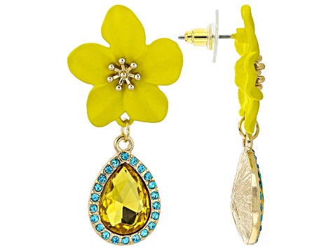 Multi-Color Epoxy & Crystal Gold Tone Flower Earring Set of 3