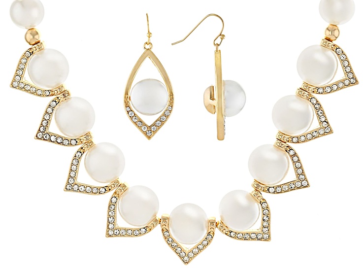 Pearl Simulant With Crystal Accent Gold Tone Necklace & Earring