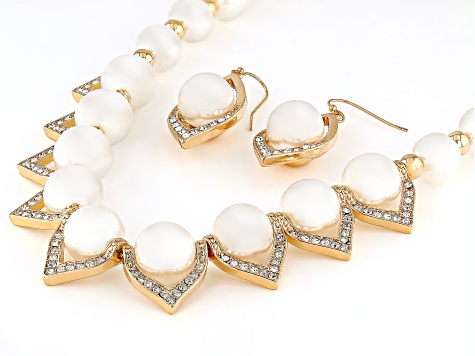 Pearl Simulant With Crystal Accent Gold Tone Necklace & Earring Set