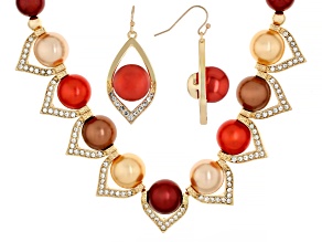 Pearl Simulant With Crystal Accent Gold Tone Necklace & Earring Set