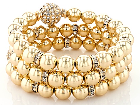 Gold Tone Pave Crystal Set of 3 Bead Stretch Bracelets