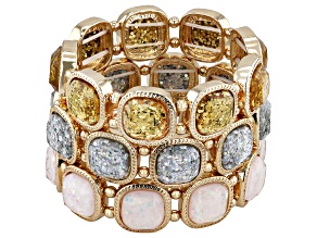 Glass Crystal With Multi-Color Glitter Gold Tone Set of 3 Stretch Bracelet